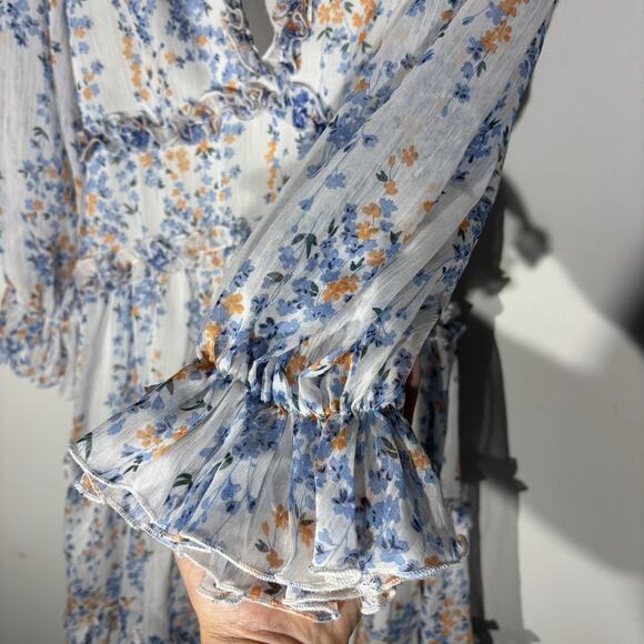 Angel Biba Floral White Blue Open Back Ruffle Chiffon Dress Size Medium Boho - Picture 5 of 10